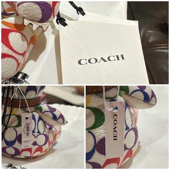 Authentic Coach Bear Bag Charm in Rainbow Signature Canvas & Pebble Leather, NWT - Picture 13 of 15